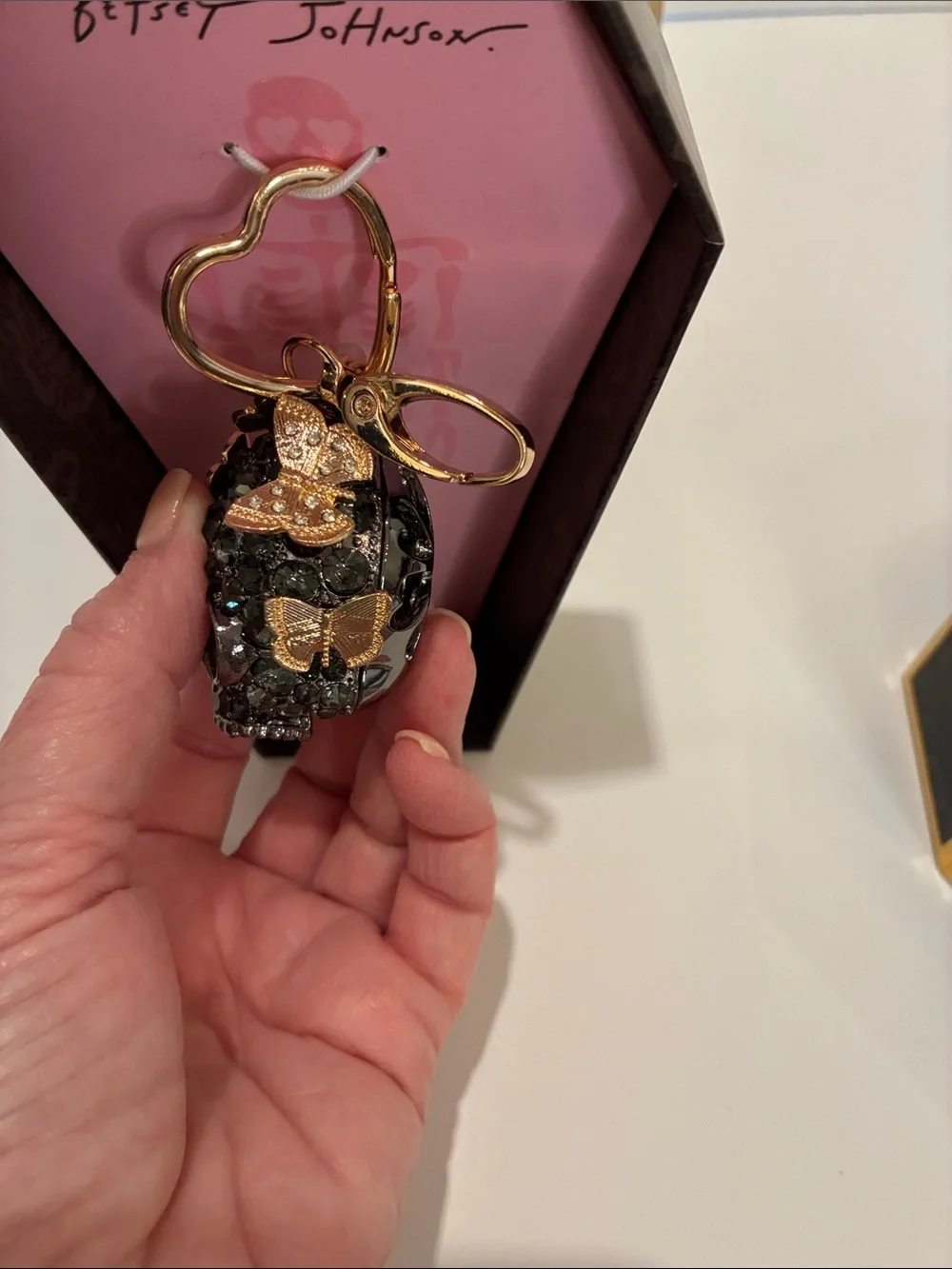 Betsey Johnson Black Crystal Skull with Gold Butterflies with Gold Hardware